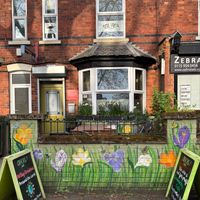Colourful frontage to the cafe at Crocus Cafe in Nottingham