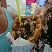 Dark chocolate and hazelnut icecream in a bubble waffle with chocolate sauce and crocant at Royo in Rhodes