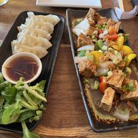 Gyoza and chippy sauce bean curd (tofu)  at Wee Buddha in Edinburgh