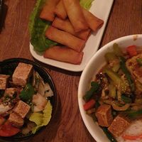 Crispy tofu, spring rolls, fried veg/tofu with rice at Wee Buddha in Edinburgh