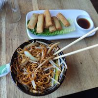 Courgette stir fry and spring rolls at Wee Buddha in Edinburgh