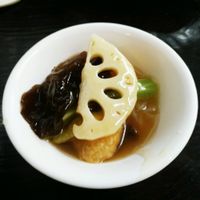 Vegetables under tofu pufs.  at Su Shi Restaurant in Xiamen