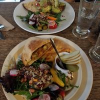 Curried vegetables pasti with salad + avocado toast/salad at Java in Swanage