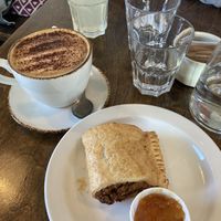 Sausage roll and a cappuccino   at Builin Blasta Teo in Spiddal