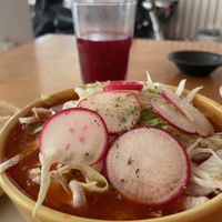 Close up to the pozole, with fresh ingredients like lettuce and radishes  #Veganuary at VegeTaco - Parque San Andrés in Mexico City