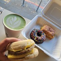 Soy Matcha, brekky Sammy, donut, and ham and cheese at Timeless Coffee Roasters and Bakery in Berkeley