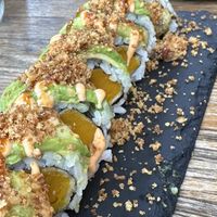Fabulous! Veggie Tiger Roll had tempura pumpkin, asparagus, and avocado topped with crispy walnut.   at Oh Baby Sushi in Redwood City
