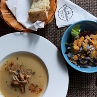 Soup of the day and salad  at The Vegvolution Kitchen in Hong Kong Island