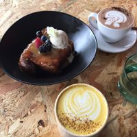 French Toast, turmeric latte and hot chocolate  at Grown in West End