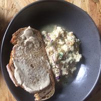 OMG!!!! Delicious!!! scrambled tofu with mushrooms and cashew cheese! LOVE! at Grown in West End