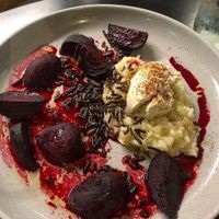 Baked beetroot, pepper risotto, sesame cheese, crispy wild rice, sauerkraut pwd at Grown in West End