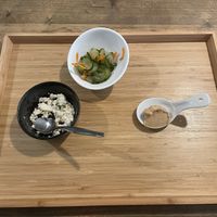 The starter. Tofu with fresh wasabi. Pickled vegetables. Cashew cream. at Men Impossible in Amsterdam