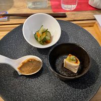 Cold starters: Sesame tofu, Cashew mousse and cucumber pickles  at Men Impossible in Amsterdam
