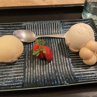 Dessert with yuzu sorbet and soy vanilla ice-cream  at Men Impossible in Amsterdam