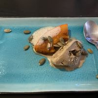 Dessert: hojicha ice-cream with pumpkin: tasty and different  at Men Impossible in Amsterdam
