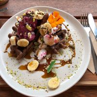 Mind-blowingly delicious vegan waffles  at The Front Room Cafe in Hervey Bay