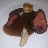 Roasted maitake mushrooms with red wine sauce and poached pear at Gauthier Soho in London