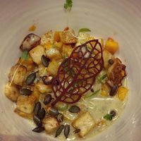 Amuse bouche, first starter. Pumpkin and smoked tofu with roasted pumpkin seeds and a creamy pepper sauce! at Gauthier Soho in London