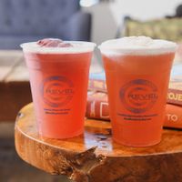 Kombucha with acai float and vegan coconut bliss ice cream float at Revel - Kombucha Bar in Ojai