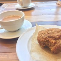 Chai latte with almond milk & vegan pumpkin muffin  at Nutmeg Cafe in Tuckahoe