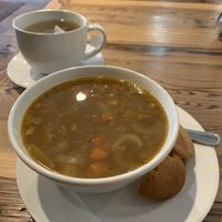 Lentil soup comes with vegan corn muffins at Nutmeg Cafe in Tuckahoe