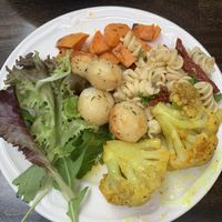 Cauliflower, pasta salad, sweet potato, lettuce (all from buffet) at The Settlement Center Restaurant in Borgarnes