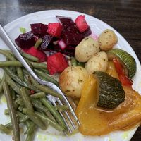 Beet and apple, salt potatoes, string beans, grilled pepper/zucchini, all from the buffet  at The Settlement Center Restaurant in Borgarnes