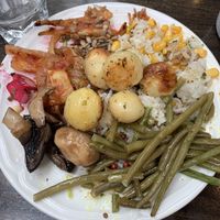 String beans, really good mushrooms, rice and corn, potatoes, and a sunflower seed dish that I liked, all from the buffet  at The Settlement Center Restaurant in Borgarnes