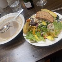 Mushroom soup, vegan, with vegan items from the buffet at The Settlement Center Restaurant in Borgarnes