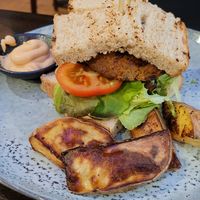 Vegetarian burger - made vegan at The Settlement Center Restaurant in Borgarnes