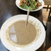 Cream of mushroom soup (vegan) at The Settlement Center Restaurant in Borgarnes