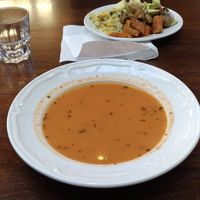 Unlimited tomato (and herbs/spices) soup and homemade bread. at The Settlement Center Restaurant in Borgarnes