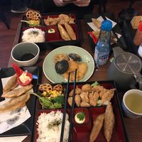 All from the Vegan menu. Faux chicken karaage bento box, deep fried gyoza, tempura vegetables, Ramune and a pot of green tea!  at Ramen Ichiraku in Perth