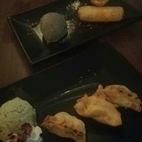 Apple spring rolls and chocolate dumplings with matcha ice cream at Ramen Ichiraku in Perth
