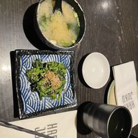 Miso soup and gomaae  at Harajuku Izakaya Restaurant in Whistler