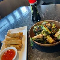 Spring rolls; Brussels sprouts at Harajuku Izakaya Restaurant in Whistler