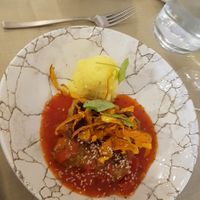 Lunch menu with mashed potatoes cabbage rolls in delicious tomato sauce at Gaudi&Naan in Ljubljana