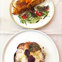 Lentil crêpe and eggplant with vegan cheese and vegan bolognese.  at Gaudi&Naan in Ljubljana