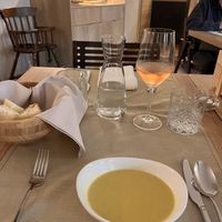 Vegetable soup, bread and rosé wine   at Gaudi&Naan in Ljubljana