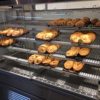 Pies in a warm display case.  at Tart Bakery - St Kevins Arcade in Auckland