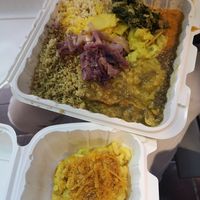 Everything plate, Mac and Cheese at Oasis Vegan Veggie Parlor in Dorchester