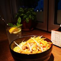 Vegan curry with soya chunks with coconut rice + house made lemonade. Together around 10 euros, student discount available (available in different outlets on different weekdays).   at my indigo - Museumstraße in Innsbruck