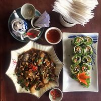 Fried eggplant with Mushrooms sauce and raw Viet rolls  at ROM Vegetarian Restaurant in Da Nang