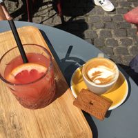 Grapefruit juice and Espresso Macchiato with oatmilk  at Take Five Espressobar in Ghent