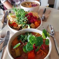 Two vegan soups and a vegan salad at Daily Pot in Bergen