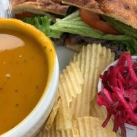 Amazing black bean burger with avo on pita  at Side Street Cafe a.k.a. The Annex in Bar Harbor