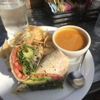 Black bean wrap without mayo and upgrade to vegan sweet potato soup at Side Street Cafe a.k.a. The Annex in Bar Harbor