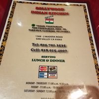 Menu at Bollywood Indian Restaurant in Simi Valley