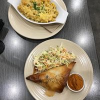 Mac n' cheese and ¿Phyllo pastry stuffed with curry?  at Watson's Eatery in Dunedin