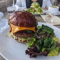 Hard to eat a burger like this, it's way too tall. No fries... at Oliver's in Santa Barbara